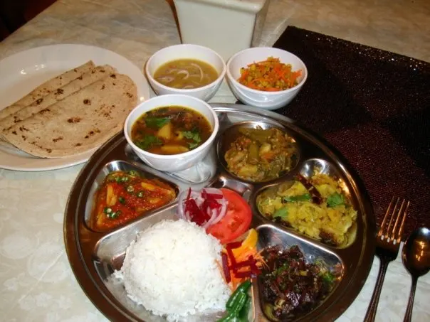 From Jyoti's kitchen -- complete Nepali evening meal served in khande-thaal