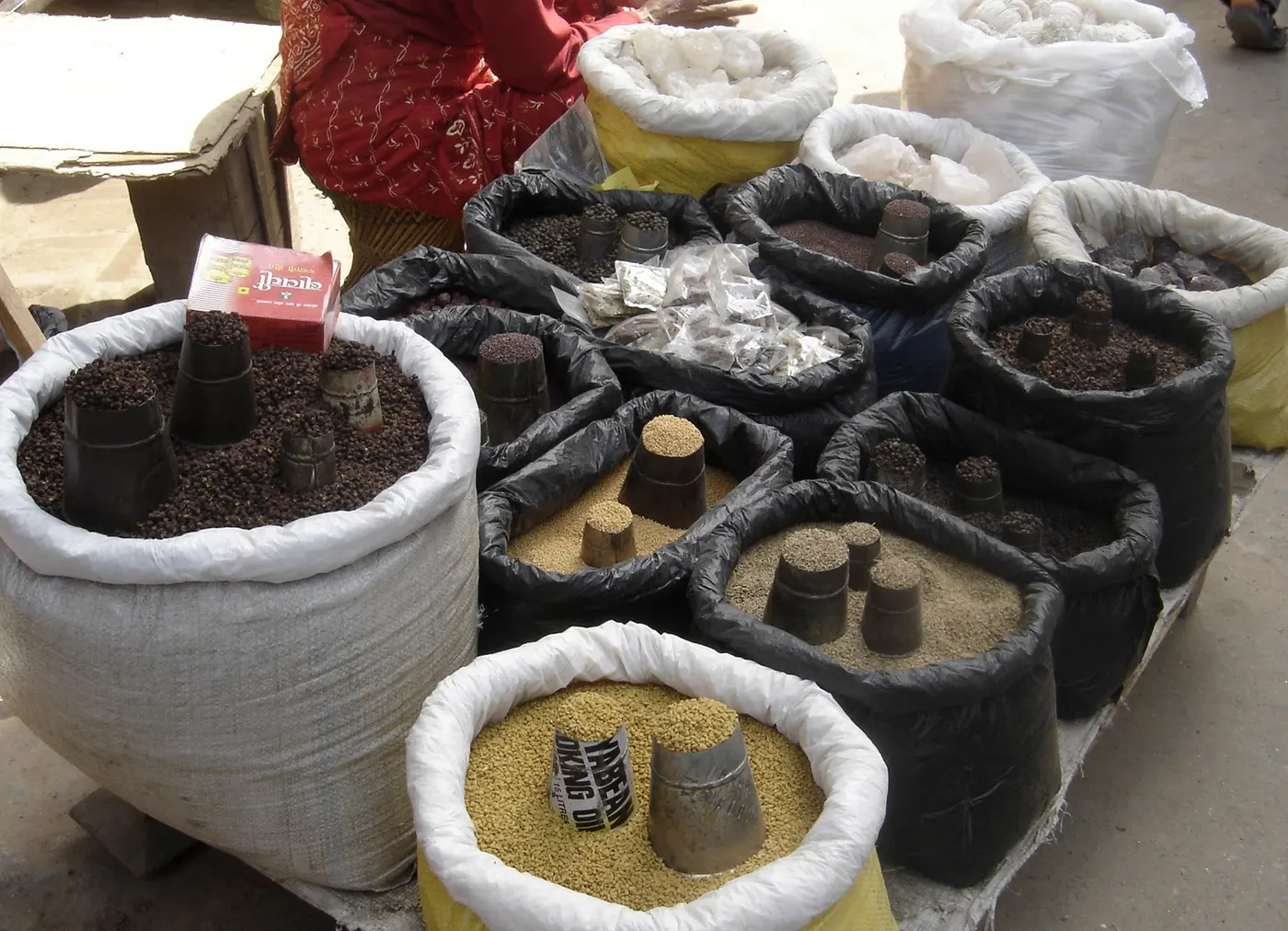 Bags of whole spices at the market in Kathmandu