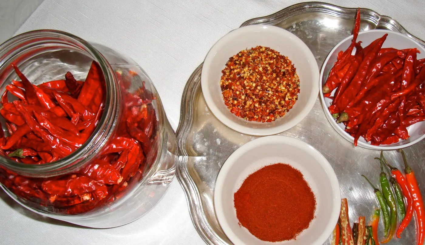 Chilies used in different forms - whole dried red chili, crushed chili pepper flakes, fresh red or green chillies, and finely ground red chili powder.
