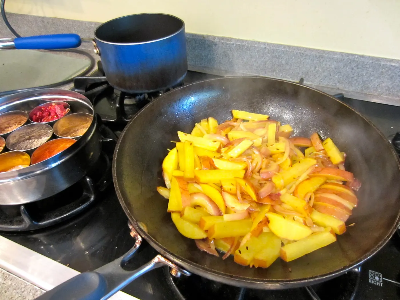 The potatoes are pan-fried until nearly done, or until a light-brown crust forms on the potato....