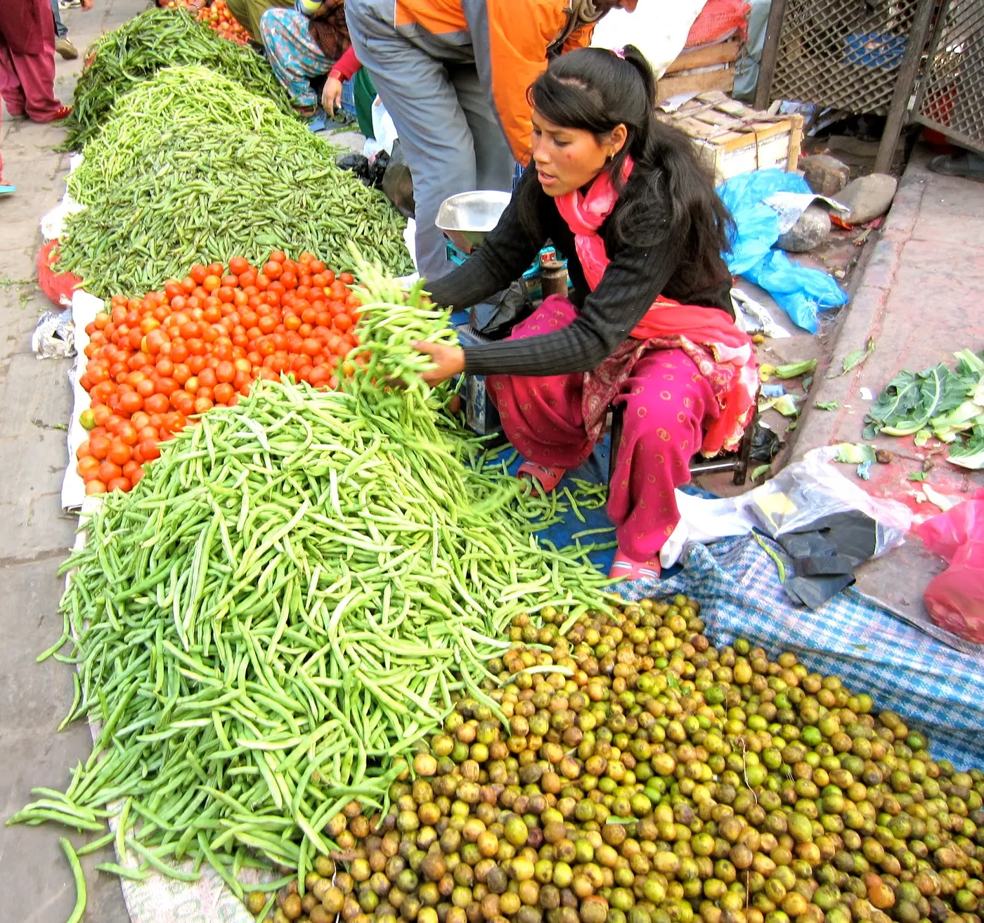 Taking pictures and enjoying my early morning shopping trip to the market for fresh, and seasonally grown vegetables at the peak of their flavor - lapsi fruits, fresh green beans, tomatoes, garden peas, and green chilies.