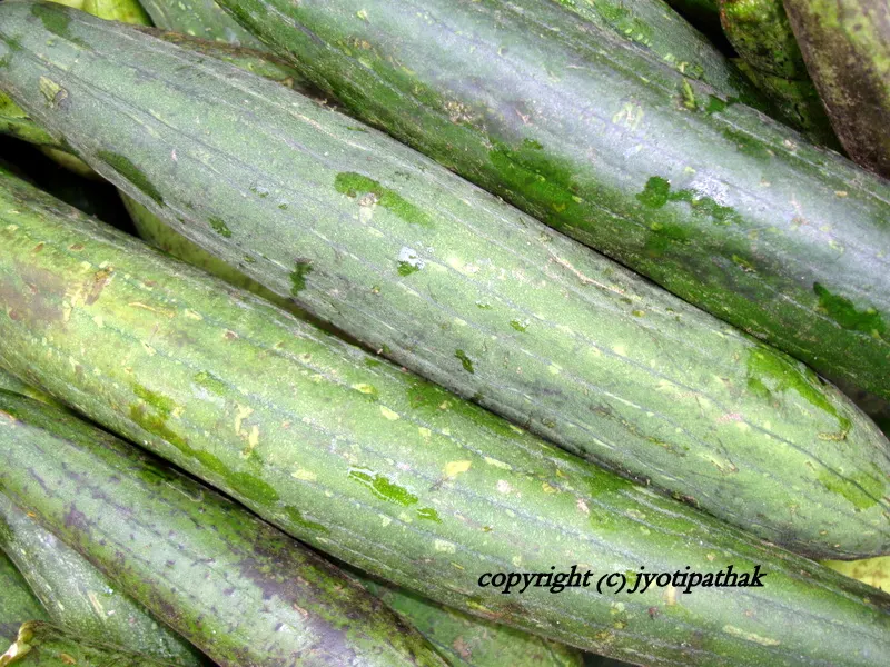 These two picture of smooth gourd in different size and shapes displayed at the local open vegetable markets in Kathmandu.