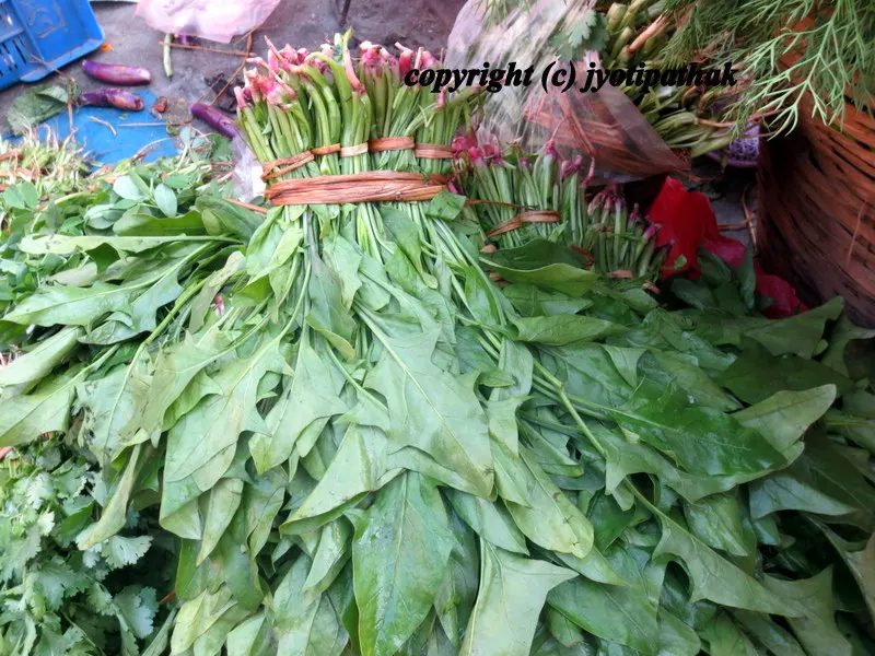 The frost kissed winter spinach are the most delicious, flavorful, tender and cooks quickly. In Nepal, the entire portions of spinach are eaten - the leaves, stems, and the red roots.