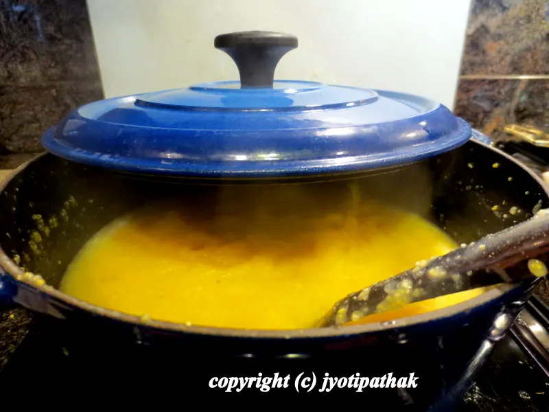 Be careful the mixture pops and spatters and the bubble can burn the tender skin. Dhindo is ready when the porridge starts separating from the side of the pan. The mixture should be moist, neither runny, nor dry.