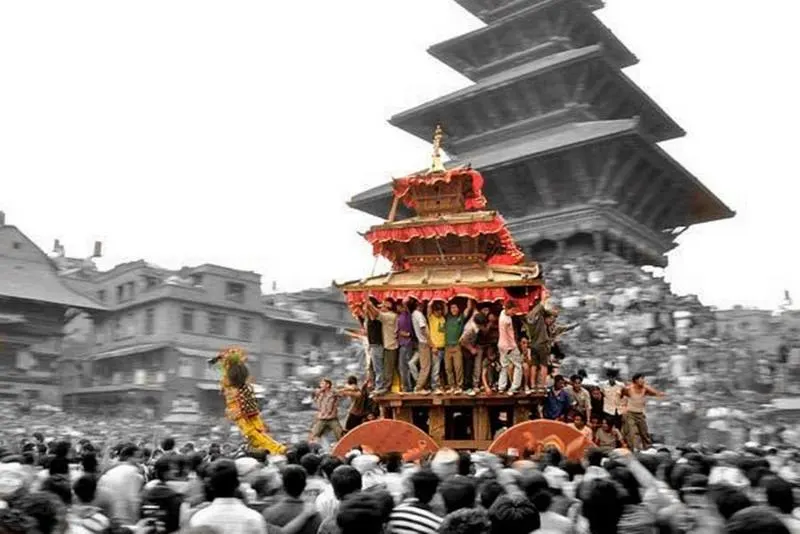 ... sharing the lively spirit of festival time in Bhaktapur - the sight of decorated chariot is being pulled....