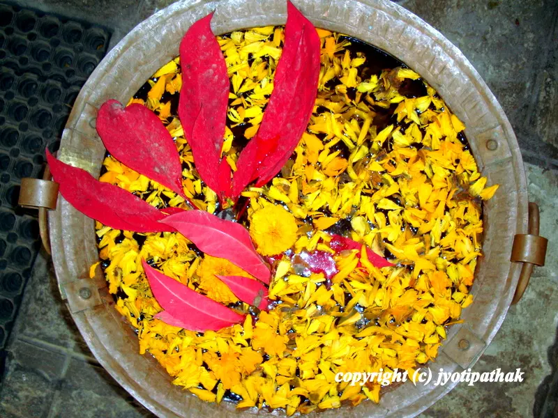 ... this design really catches your eyes ...petals from Marigold and Poinsettias are floating in the bowl of water.