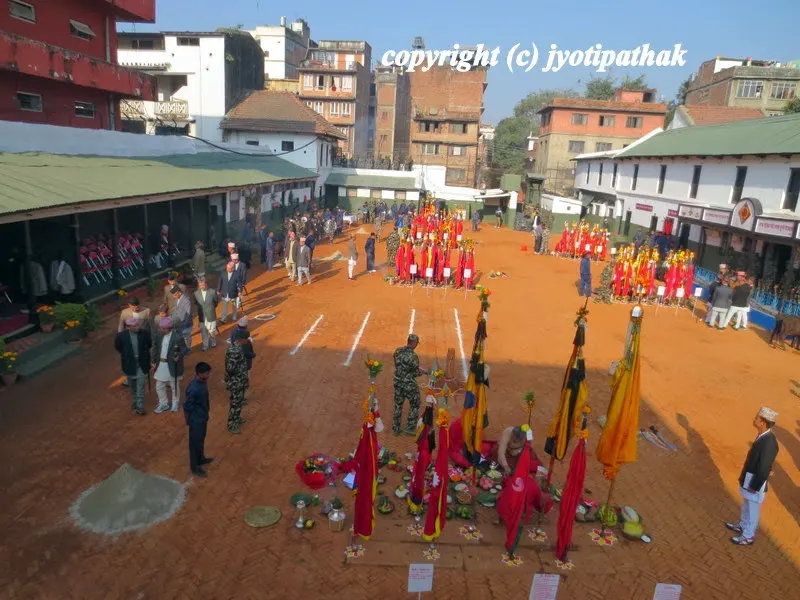 Kot courtyard area near Hanuman Dhoka and Durbar square area, Kathmandu - during the 9th day of Maha Asthami, a rituals of ceremonial animal sacrifice (black male goat, buffalo, sheep, chicken, duck) is being prepared in the courtyard.
