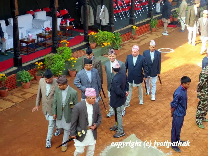 Official rituals of ceremonial slaughter of animals in the Kot courtyard - with high ranking officials of Armed Police and civil service, the Nepal army, Gurujyu ko Platoon, Nepal police.