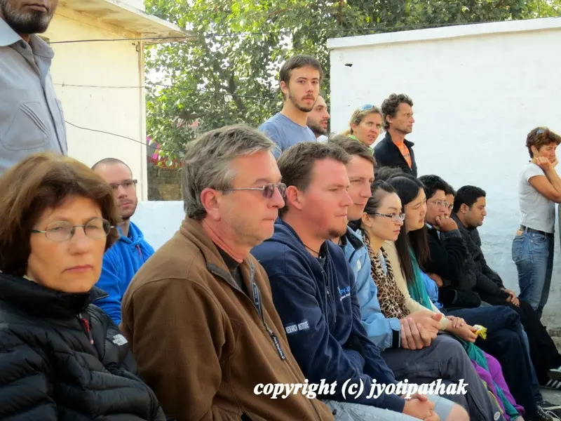 Visitors watching ceremonial slaughter in the Kot courtyard - the rituals of animal sacrifice has attracted thousands of curious visitors to Nepal during Dashain festival time.