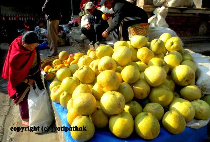 Fruit and Vegetable Market in Kathmandu - The lady in red khasto shawl is filling her large bag with hand-picked and freshly delivered bhogate - perhaps she is planning to make pomelo salad.