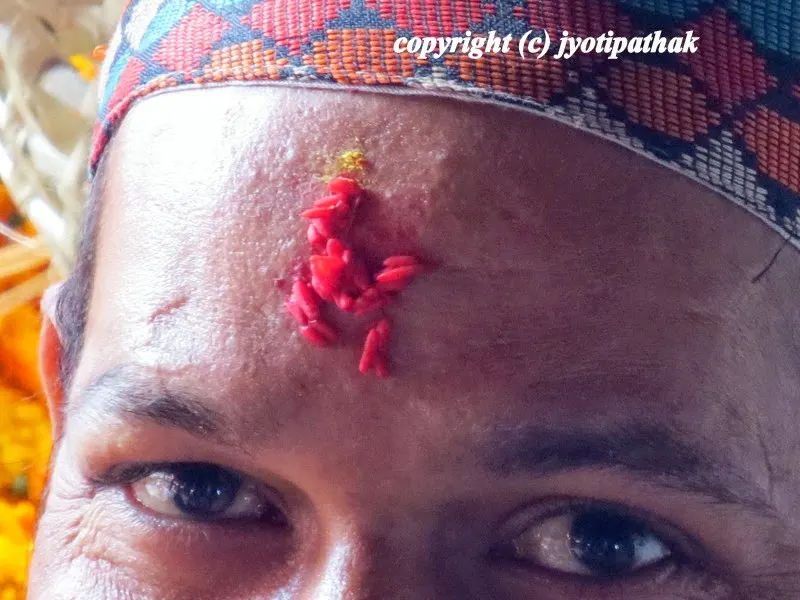 Visiting elders and getting tikaa during Bijaya Dashami ceremony -- the elders give aashirbad (blessing) by reciting vedic slokas (Sanskrit poetry) or mantras
