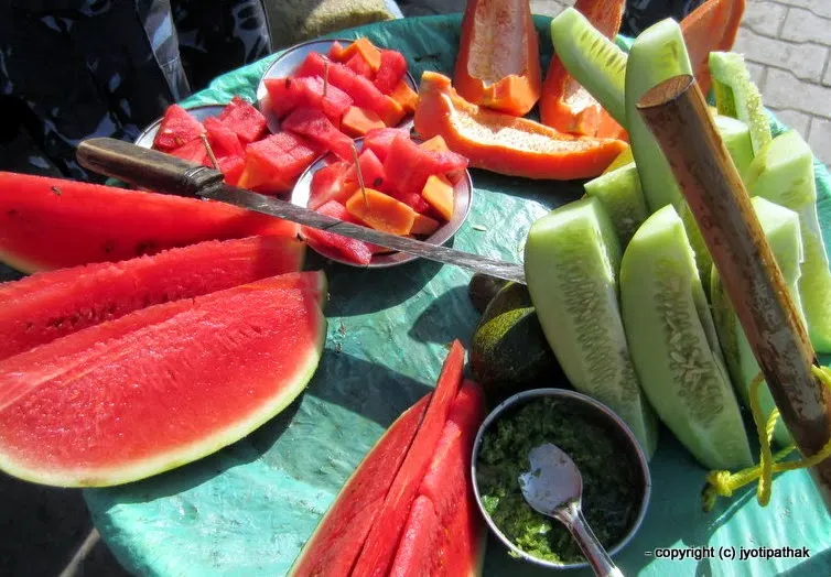 Watermelon slices for sale at the roadside vendor, Kathmandu - Water Melon - Kharbooza or Kharbujaa - (खर्बुजा)