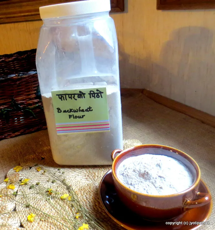 Phaapar ko Pitho (फापर को पिठो) - buckwheat flours are generally grayish-tan colored due to presence of hull fragments that was not completely removed during grounding process.